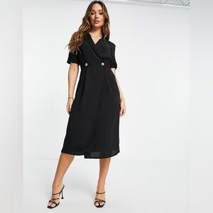 NWT ASOS Design Midi Dress Womens Black Wrap Tux Button Front Collared Size 0